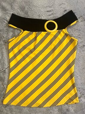 Yellow and Black Diagonal Stripe Off-Shoulder Top with Ring Accent